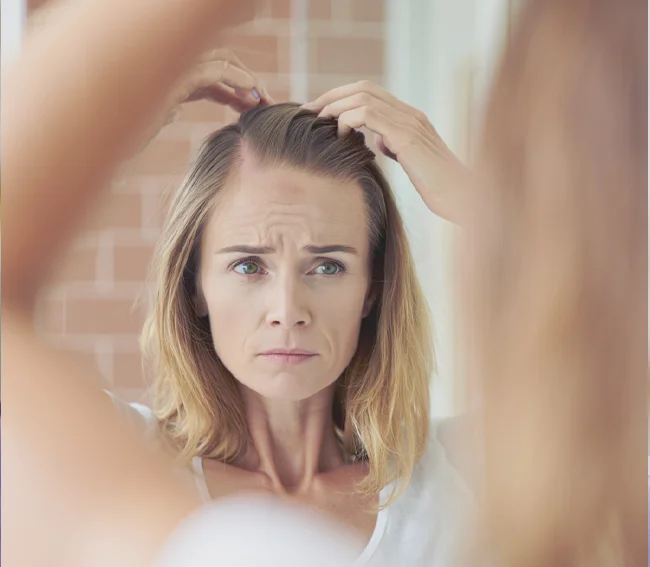Женщина рассматривает залысину в зеркале